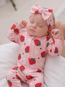 SHEIN 1 Random Piece Newborn Baby All-Over Print Long Sleeve Jumpsuit Long Pants Casual Daily Home Pajamas - Pink - View 2