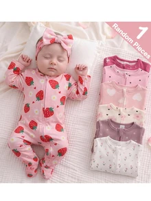 SHEIN 1 Random Piece Newborn Baby All-Over Print Long Sleeve Jumpsuit Long Pants Casual Daily Home Pajamas - Pink - View 5