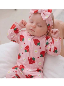 SHEIN 1 Random Piece Newborn Baby All-Over Print Long Sleeve Jumpsuit Long Pants Casual Daily Home Pajamas - Pink - View 1