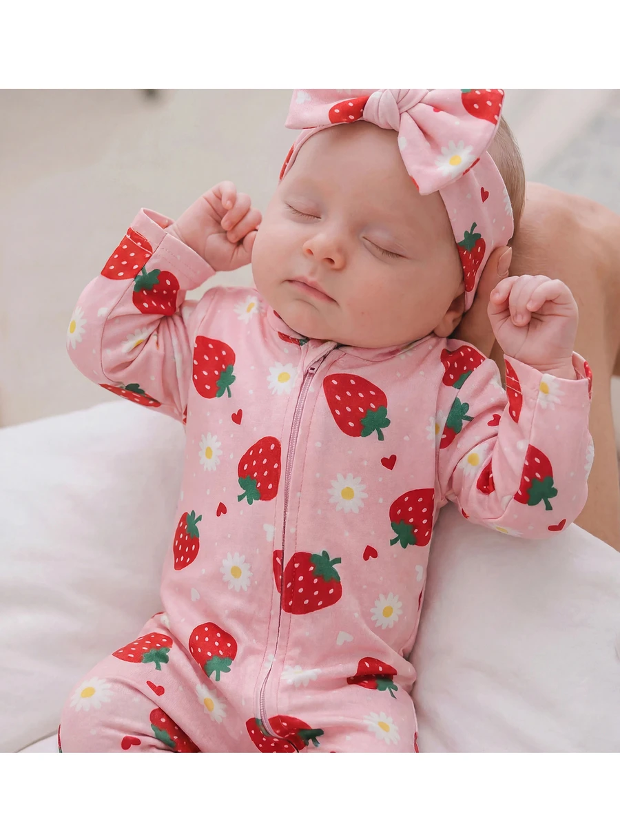 SHEIN 1 Random Piece Newborn Baby All-Over Print Long Sleeve Jumpsuit Long Pants Casual Daily Home Pajamas - Pink - View 1