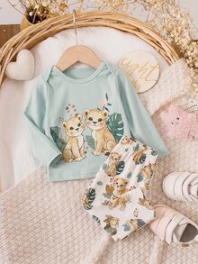 SHEIN Newborn Baby Boy Cute Casual Cartoon Pattern Long Sleeve Loungewear Set 2pcs Neutral - Green - View 3