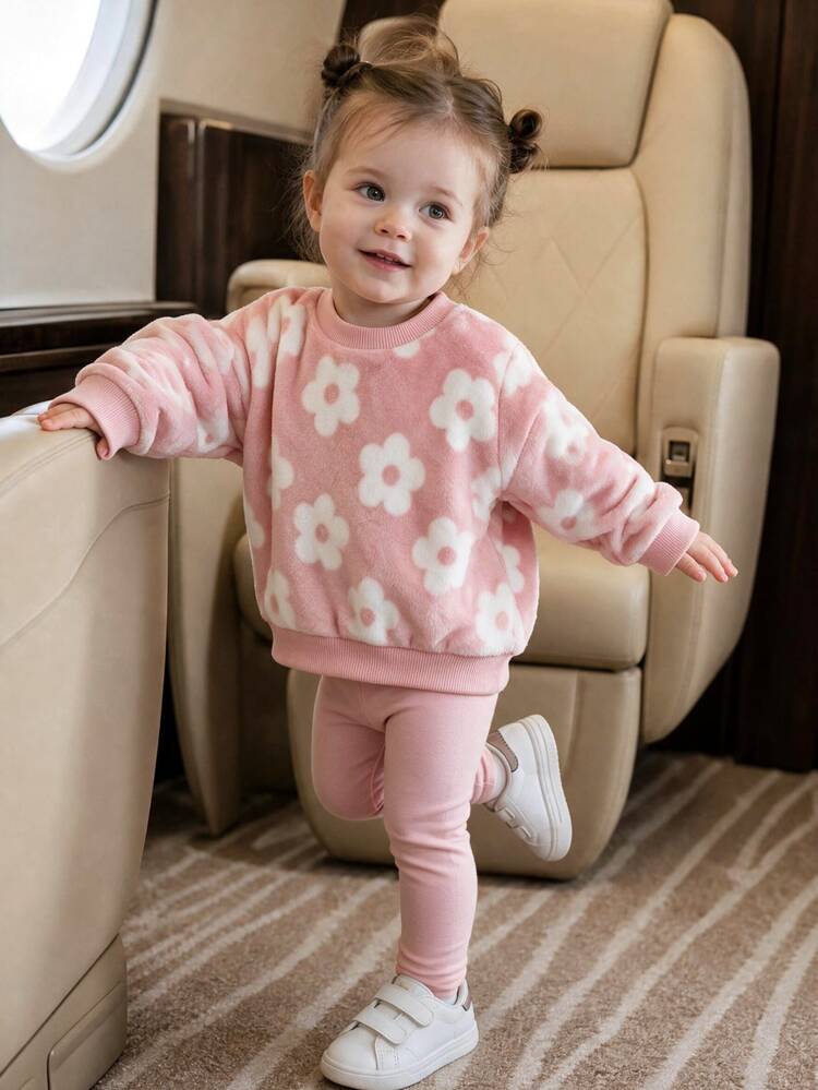 SHEIN Babygirl Pink Cute Casual Versatile Floral Pattern Fuzzy Long Sleeve Autumn Sweatshirt - Pink - View 4