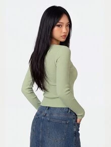 INAWLY 女款時尚休閒優雅可愛時髦條紋蕾絲拼接長袖T恤 日常約會穿搭 鼠尾草綠 秋季 - 綠色 - 查看 4