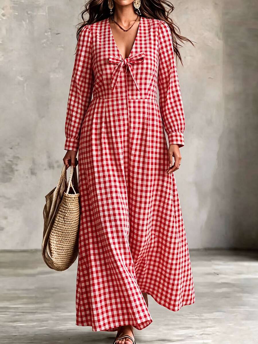 SHEIN LUNE Gaun Ukuran Besar Motif Kotak-kotak Prancis dengan Hiasan Pita, Resleting Depan dan Belakang, Potongan A-Line Pas Badan, Lengan Lentera, Leher V, Cocok untuk Tamu Pernikahan, Liburan, Warna Merah dan Putih, Musim Gugur, Gaya Fairycore
