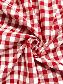 SHEIN LUNE Gaun Ukuran Besar Motif Kotak-kotak Prancis dengan Hiasan Pita, Resleting Depan dan Belakang, Potongan A-Line Pas Badan, Lengan Lentera, Leher V, Cocok untuk Tamu Pernikahan, Liburan, Warna Merah dan Putih, Musim Gugur, Gaya Fairycore - Merah - View 7