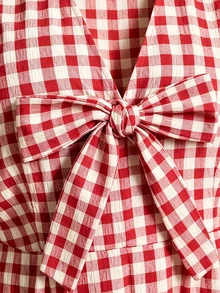 SHEIN LUNE Gaun Ukuran Besar Motif Kotak-kotak Prancis dengan Hiasan Pita, Resleting Depan dan Belakang, Potongan A-Line Pas Badan, Lengan Lentera, Leher V, Cocok untuk Tamu Pernikahan, Liburan, Warna Merah dan Putih, Musim Gugur, Gaya Fairycore - Merah - View 6