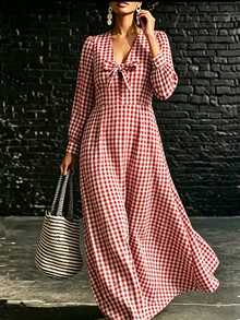 SHEIN LUNE Gaun Ukuran Besar Motif Kotak-kotak Prancis dengan Hiasan Pita, Resleting Depan dan Belakang, Potongan A-Line Pas Badan, Lengan Lentera, Leher V, Cocok untuk Tamu Pernikahan, Liburan, Warna Merah dan Putih, Musim Gugur, Gaya Fairycore - Merah - View 4