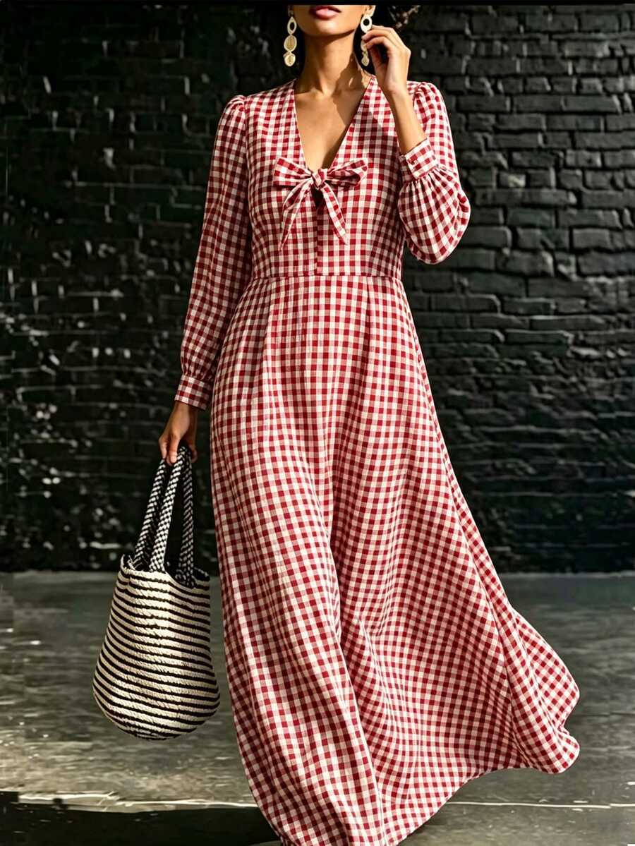 SHEIN LUNE Plus Size French Plaid Bow Decor Fitted A-Line Lantern Sleeve V-Neck Dress Wedding Guest Vacation Red White Autumn Fairycore 1920 Vintage