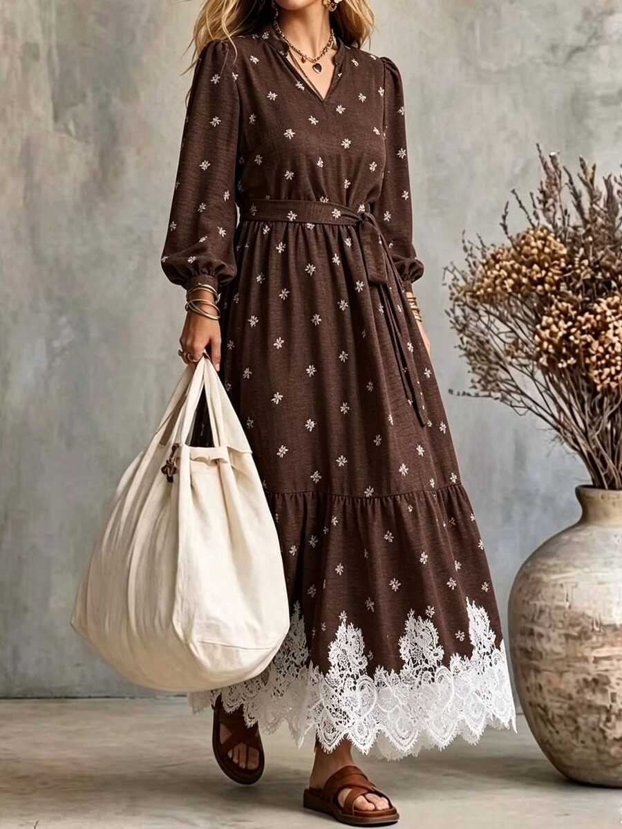 SHEIN LUNE Plus Size French V-Neck Long Sleeve A-Line Dress With Lace Hem
