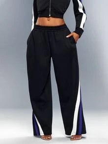 Denimoi Après-Ski Style Sporty Outfits Versatile Classic Color Block Casual Sweatpants Side-Entry Pockets Daily Wear Streetwear Fall Winter - Black - View 1