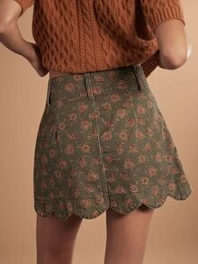 WESTFADE Floral Print Scalloped Hem Denim Mini Skirt, Fall Winter 2026 Western Style, Cowgirl Clothing, Rodeo, Female Country Look, Autumn, Festival, Christmas - Multicolor - View 3
