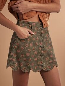 WESTFADE Floral Print Scalloped Hem Denim Mini Skirt, Fall Winter 2026 Western Style, Cowgirl Clothing, Rodeo, Female Country Look, Autumn, Festival, Christmas - Multicolor - View 5