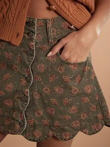 WESTFADE Floral Print Scalloped Hem Denim Mini Skirt, Fall Winter 2026 Western Style, Cowgirl Clothing, Rodeo, Female Country Look, Autumn, Festival, Christmas - Multicolor - View 2
