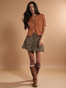 WESTFADE Floral Print Scalloped Hem Denim Mini Skirt, Fall Winter 2026 Western Style, Cowgirl Clothing, Rodeo, Female Country Look, Autumn, Festival, Christmas - Multicolor - View 6