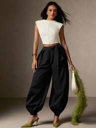 Hauture Pantalones de mujer de cintura alta con decoración de lazo, elegantes pantalones anchos sueltos de burbuja negros, versátiles para uso casual, formal y streetwear