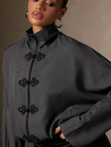Hauture New Chinese Style Stand Collar Frog Button Silhouette Jacket Women Vintage Grey Tone Loose Batwing Sleeve Lazy Short Workwear Jacket - Grey - View 4