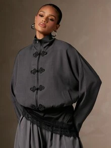 Hauture New Chinese Style Stand Collar Frog Button Silhouette Jacket Women Vintage Grey Tone Loose Batwing Sleeve Lazy Short Workwear Jacket - Grey - View 3
