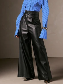 Hauture Women's Old Money Buckle Loose Long PU Pants Street Style, Office Chic, Stylish Wear, Statement, Desk To Dinner, Happy Hour, Holiday Party - Black - View 3