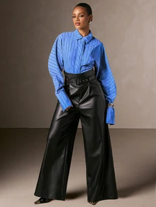 Hauture Women's Old Money Buckle Loose Long PU Pants Street Style, Office Chic, Stylish Wear, Statement, Desk To Dinner, Happy Hour, Holiday Party - Black - View 4