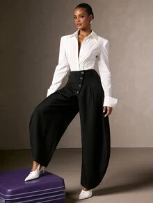 Hauture Women's Autumn Fashion Casual Commute High-End Style, Asymmetrical Button Oversized Design, Mid-Waist Flattering Black Versatile Slimming Scythe Pants - Black - View 6