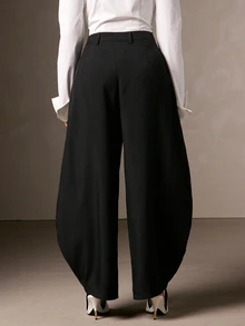 Hauture Women's Autumn Fashion Casual Commute High-End Style, Asymmetrical Button Oversized Design, Mid-Waist Flattering Black Versatile Slimming Scythe Pants - Black - View 3