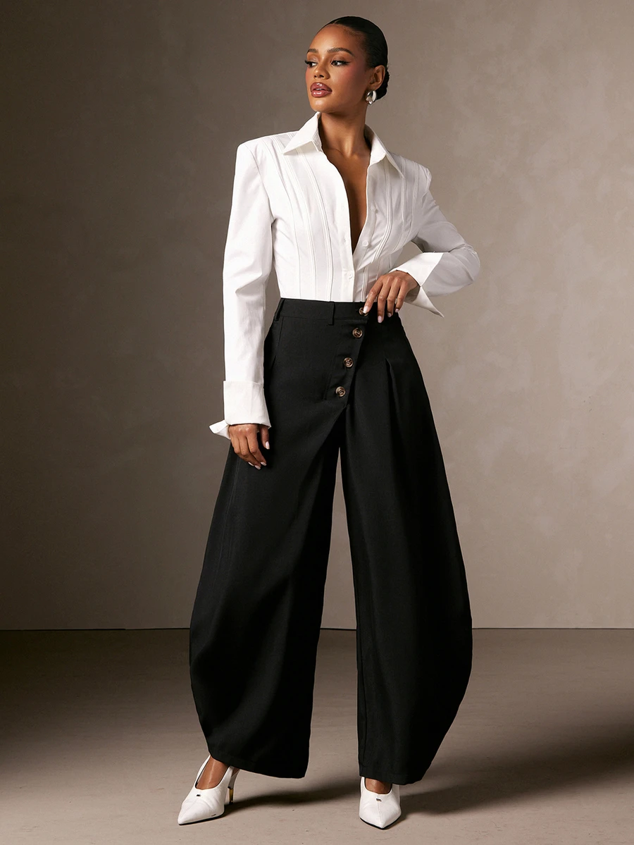 Hauture Women's Autumn Fashion Casual Commute High-End Style, Asymmetrical Button Oversized Design, Mid-Waist Flattering Black Versatile Slimming Scythe Pants - Black - View 1