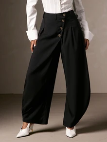 Hauture Women's Autumn Fashion Casual Commute High-End Style, Asymmetrical Button Oversized Design, Mid-Waist Flattering Black Versatile Slimming Scythe Pants - Black - View 2