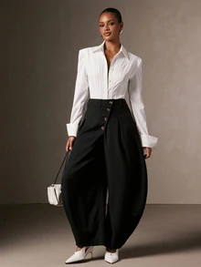 Hauture Women's Autumn Fashion Casual Commute High-End Style, Asymmetrical Button Oversized Design, Mid-Waist Flattering Black Versatile Slimming Scythe Pants - Black - View 5