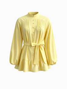 Seusyu Pale Yellow Pure Cotton Mushroom Button Decor Lace-Up Design Fashionable Elegant Casual Teachers' Day Women's Top Office Fall - Yellow - View 10