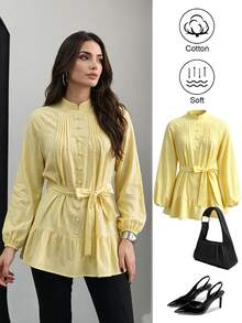 Seusyu Pale Yellow Pure Cotton Mushroom Button Decor Lace-Up Design Fashionable Elegant Casual Teachers' Day Women's Top Office Fall - Yellow - View 9