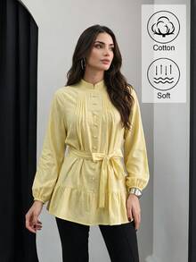 Seusyu Pale Yellow Pure Cotton Mushroom Button Decor Lace-Up Design Fashionable Elegant Casual Teachers' Day Women's Top Office Fall - Yellow - View 1