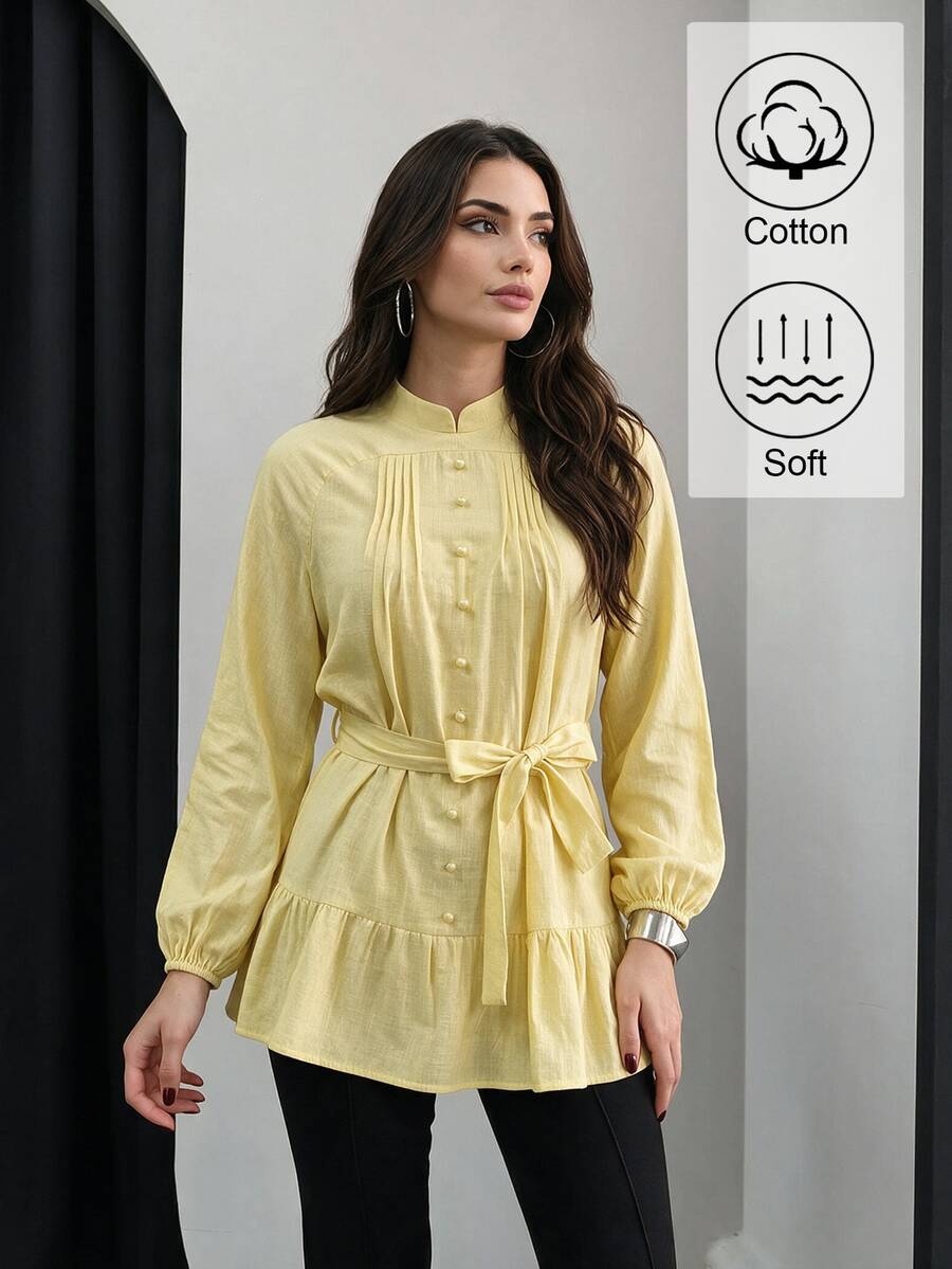 Seusyu Pale Yellow Pure Cotton Mushroom Button Decor Lace-Up Design Fashionable Elegant Casual Teachers' Day Women's Top Office Fall - Yellow - View 1