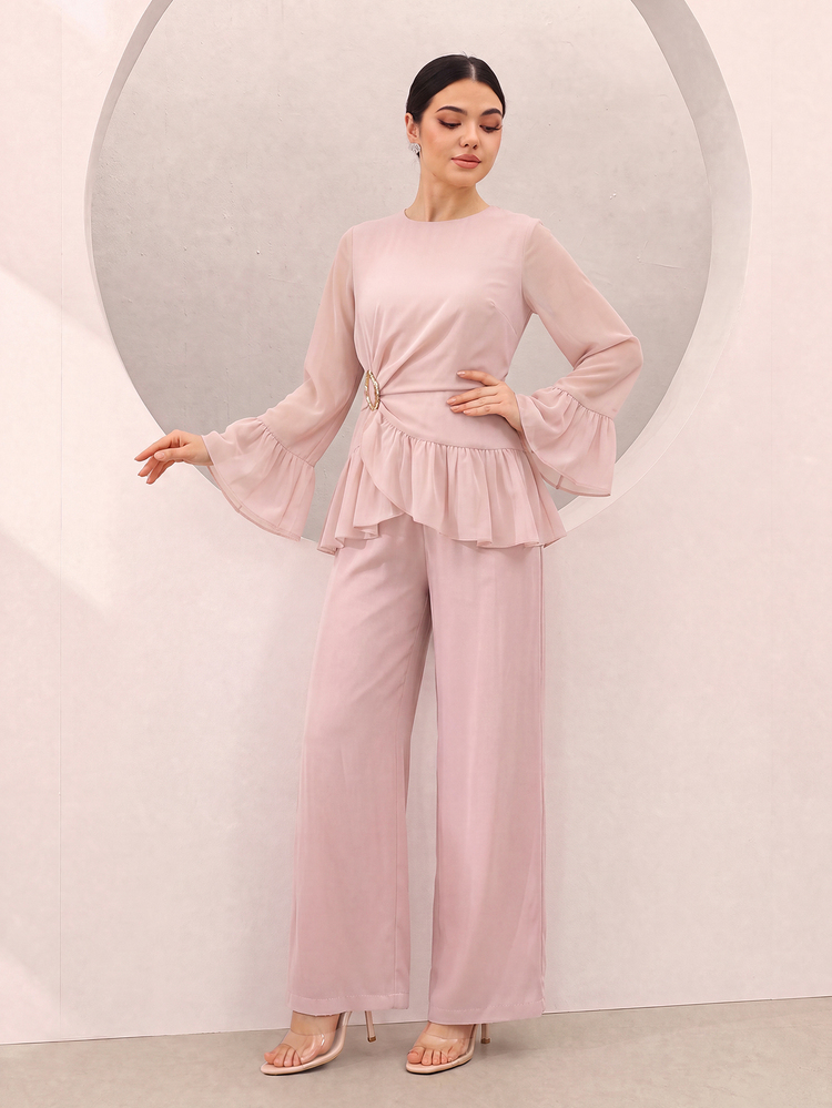 Modelyn Round Neck Bell Sleeve Cinched Waist Ruffle Hem Metal Button Top Wide Leg Pants Modest Decent Elegant Set Formal Fuchsia Pink Winter - Pink - View 8