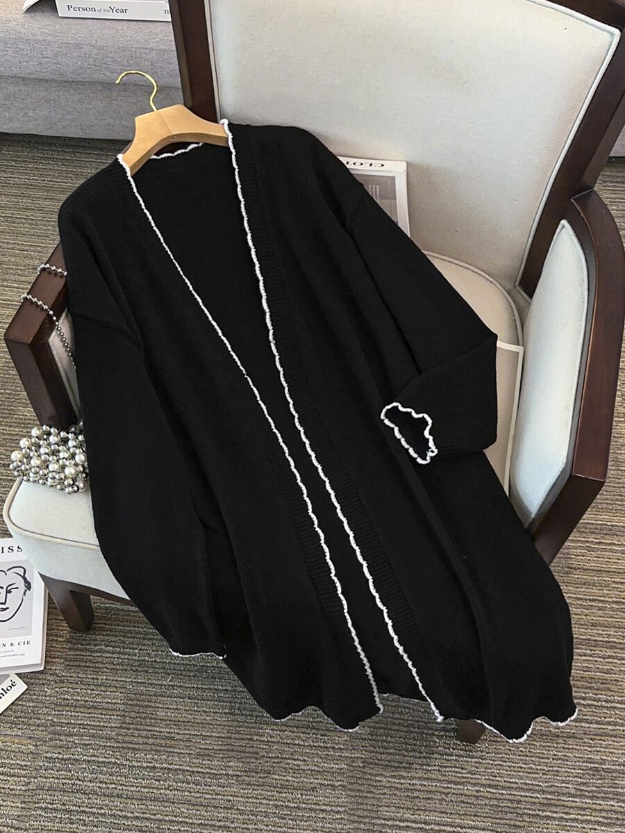 GlowEve CURVE Plus Size Elegant Colorblock Wavy Edge Long Sleeve Cardigan - Black and White - View 1