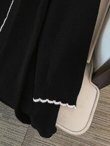 GlowEve CURVE Plus Size Elegant Colorblock Wavy Edge Long Sleeve Cardigan - Black and White - View 6