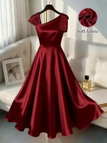 GlowEve CURVE Plus Size Women's Solid Color Pleated Elegant Celestial Waist-Cinched Party Cocktail Formal Dress Autumn Wedding Red - Burgundy - View 1