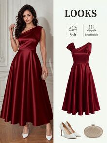 GlowEve CURVE Plus Size Women's Solid Color Pleated Elegant Celestial Waist-Cinched Party Cocktail Formal Dress Autumn Wedding Red - Burgundy - View 3