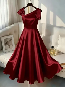 GlowEve CURVE Plus Size Women's Solid Color Pleated Elegant Celestial Waist-Cinched Party Cocktail Formal Dress Autumn Wedding Red - Burgundy - View 5