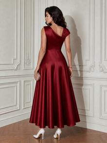 GlowEve CURVE Plus Size Women's Solid Color Pleated Elegant Celestial Waist-Cinched Party Cocktail Formal Dress Autumn Wedding Red - Burgundy - View 2