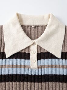 Grovea Plus Size Colorblock Collared Ribbed Ribbed Knit Pullover Sweater Long Sleeve Half Button Front Autumn Winter Y2K Style - Khaki - View 5