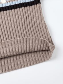 Grovea Plus Size Colorblock Collared Ribbed Ribbed Knit Pullover Sweater Long Sleeve Half Button Front Autumn Winter Y2K Style - Khaki - View 3