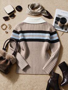 Grovea Plus Size Colorblock Collared Ribbed Ribbed Knit Pullover Sweater Long Sleeve Half Button Front Autumn Winter Y2K Style - Khaki - View 2