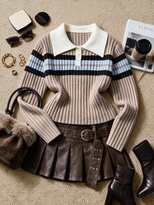 Grovea Plus Size Colorblock Collared Ribbed Ribbed Knit Pullover Sweater Long Sleeve Half Button Front Autumn Winter Y2K Style - Khaki - View 4