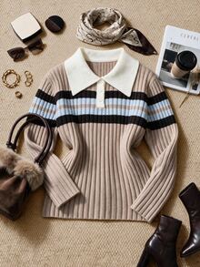 Grovea Plus Size Colorblock Collared Ribbed Ribbed Knit Pullover Sweater Long Sleeve Half Button Front Autumn Winter Y2K Style - Khaki - View 1