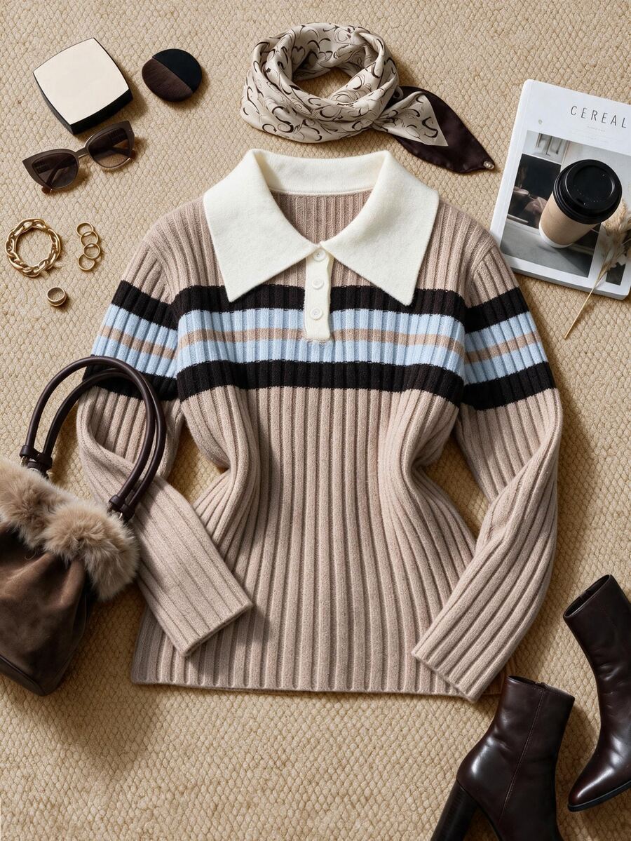 Grovea Plus Size Colorblock Collared Ribbed Ribbed Knit Pullover Sweater Long Sleeve Half Button Front Autumn Winter Y2K Style - Khaki - View 1