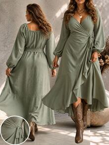 Ceyna Gaun Wanita Ukuran Besar Elegan Gaya Boho Warna Polos dengan Ruffle dan Tali Pengikat, Lengan Panjang, Cocok untuk Musim Semi dan Gugur, untuk Ulang Tahun, Pernikahan, Tamu, dan Pesta Ulang Tahun, Warna Hijau Sage, Cocok untuk Musim Gugur. - Hijau Tentara - View 9