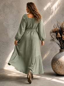Ceyna Gaun Wanita Ukuran Besar Elegan Gaya Boho Warna Polos dengan Ruffle dan Tali Pengikat, Lengan Panjang, Cocok untuk Musim Semi dan Gugur, untuk Ulang Tahun, Pernikahan, Tamu, dan Pesta Ulang Tahun, Warna Hijau Sage, Cocok untuk Musim Gugur. - Hijau Tentara - View 2