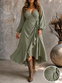 Ceyna Gaun Wanita Ukuran Besar Elegan Gaya Boho Warna Polos dengan Ruffle dan Tali Pengikat, Lengan Panjang, Cocok untuk Musim Semi dan Gugur, untuk Ulang Tahun, Pernikahan, Tamu, dan Pesta Ulang Tahun, Warna Hijau Sage, Cocok untuk Musim Gugur. - Hijau Tentara - View 8