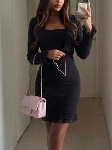 Sunnyshic Women's Autumn/Winter Casual Youthful Lace Patchwork Fitted Fashion Knit Dress & Cardigan 2 Pieces Set - Black - View 4