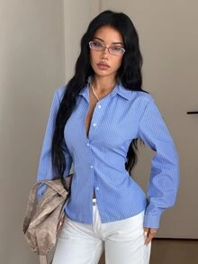 StreetHx Women's Street Style Elegant Sexy Backless Blue And White Striped Fitted Shirt Club Office Night Out Night Out Autumn - Blue - View 5